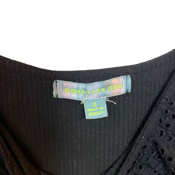 Good Luck Gem Eyelet Trim Puff Sleeve Ribbed Bodysuit in Black Size S - Picture 10 of 11